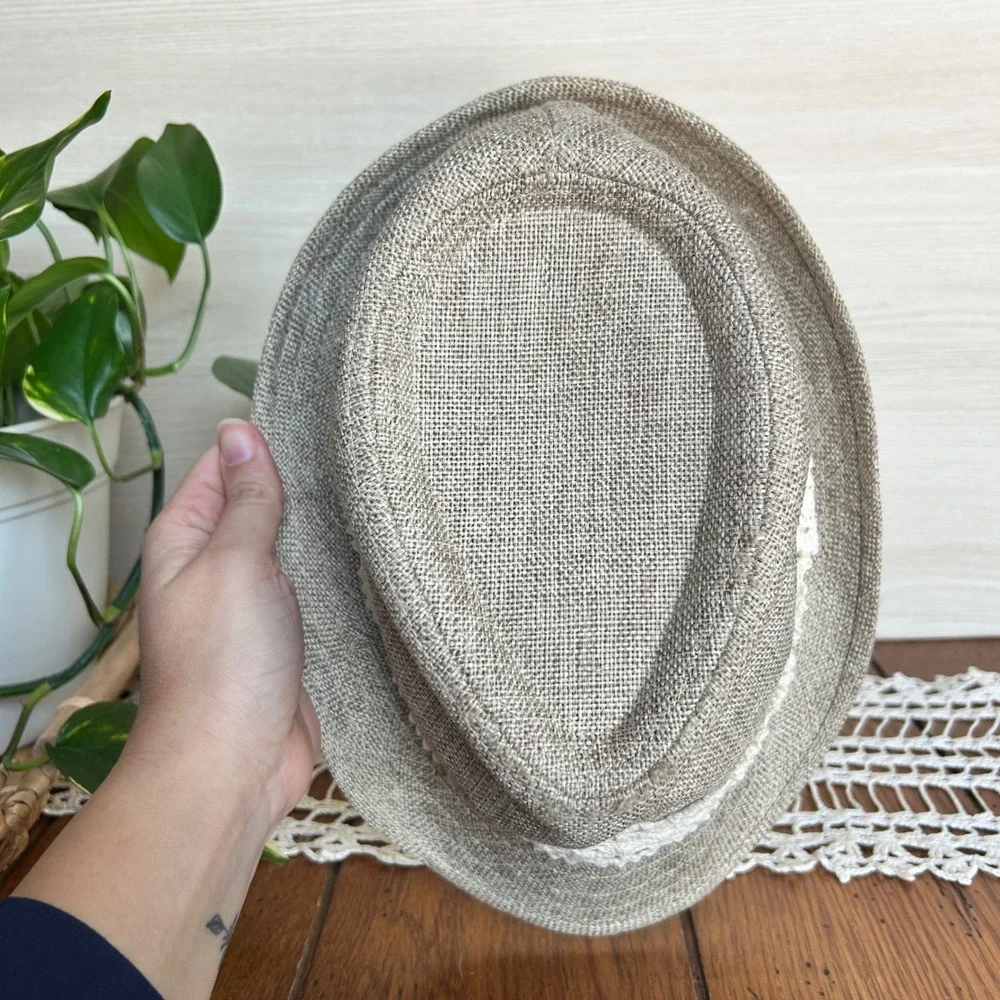 Altard State Tan Burlap Fedora Hat with White Crochet Lace Trim Boho Style‎